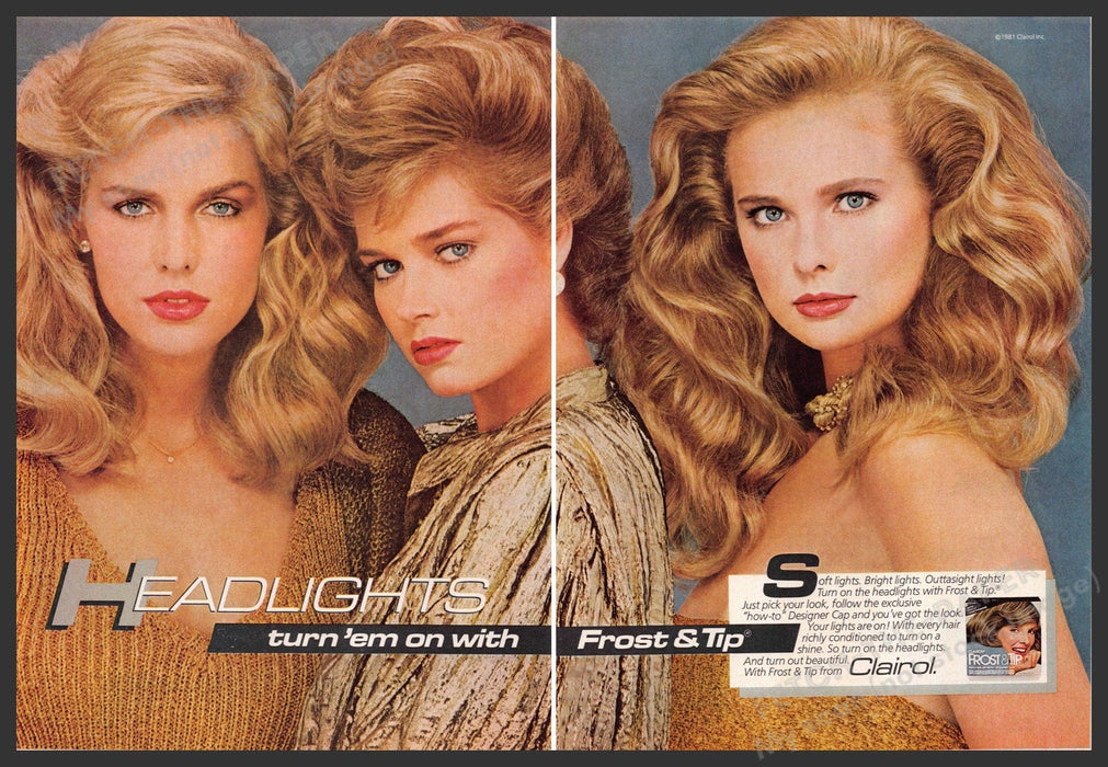 Clairol Headlights 1980s Print Advertisement (2 pages) 1982 Frost & Tip Hair Clairol