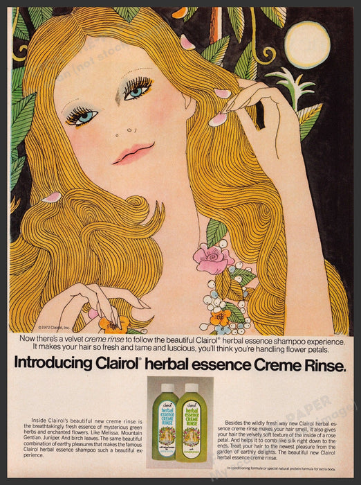 Clairol Herbal Essence Hair 1970s Print Advertisement Ad 1973 Beautiful Illustra Fetch the Paper!