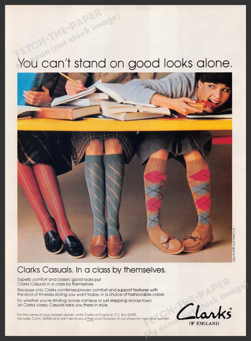 Clarks of England Shoes 1980s Print Advertisement 1982 Students Legs Knee Socks Fetch-the-Paper