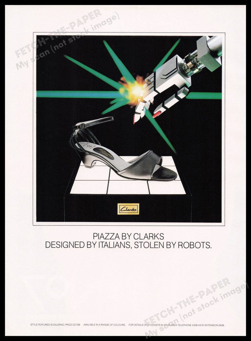 Clarks Piazza Shoes 1980s Print Advertisement Ad 1982 Stolen by Robots Fetch the Paper!