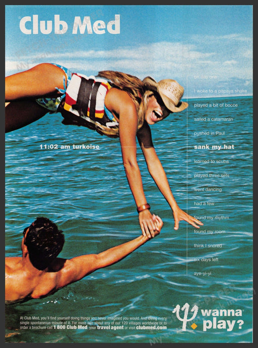 Club Med Travel Hotels 2000s Print Advertisement 2002 "Wanna Play?" Swim Couple Fetch-the-Paper