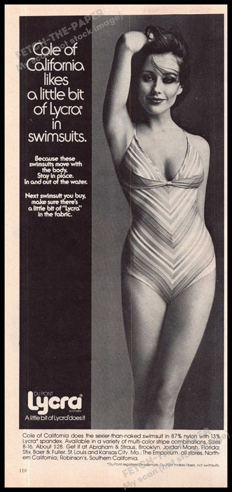 Cole of California 1970s Magazine Print Ad 1975 "Lycra in swimsuits" Cole of California