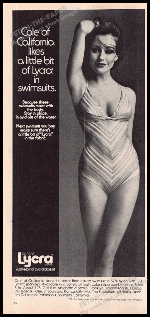 Cole of California 1970s Magazine Print Ad 1975 "Lycra in swimsuits" Cole of California