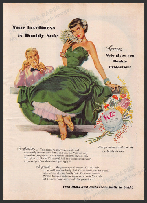 Colgate's Veto Deodorant 1940s Print Advertisement Ad 1949 Uses Duratex Fetch-the-Paper