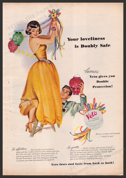 Colgate Veto Deodorant 1940s Print Advertisement Ad 1949 Dance Decorating Fetch-the-Paper