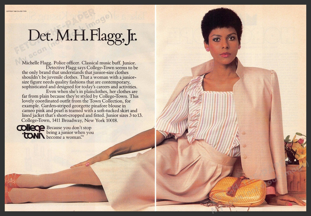 College Town 1980s Print Advertisement (2 pg) 1982 Michelle Flagg Police Officer Fetch-the-Paper