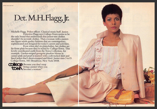 College Town 1980s Print Advertisement (2 pg) 1982 Michelle Flagg Police Officer Fetch-the-Paper