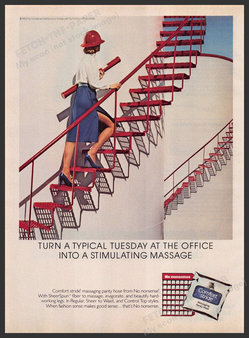 Comfort Stride Pantyhose 1980s Print Advertisement 1984 Legs Spiraling Staircase Fetch-the-Paper