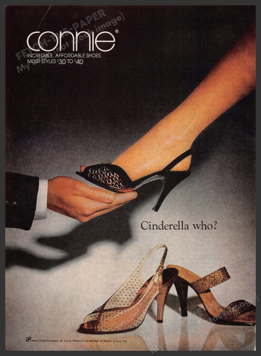 Connie Shoes 1980s Print Advertisement 1981 "Cinderella who?" Fetch-the-Paper