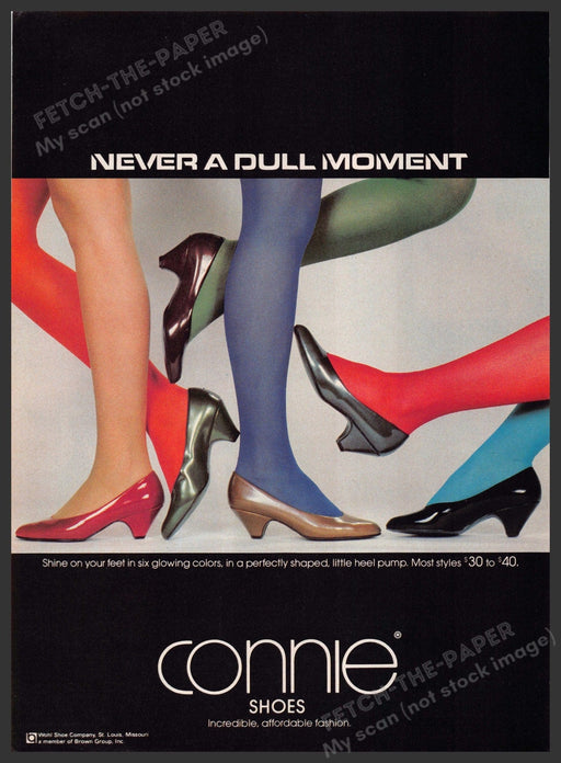 Connie Shoes 1980s Print Advertisement 1982 Legs Colorful Pantyhose Hosiery Fetch-the-Paper