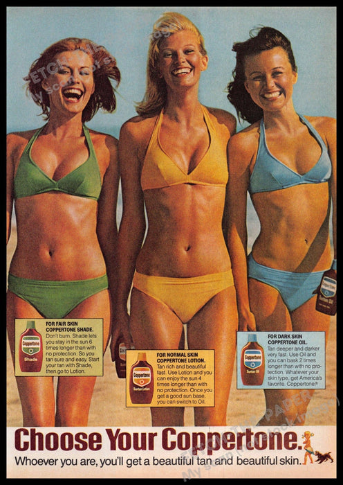 Coppertone 1970s Print Advertisement 1977 Girls Beautiful Tan Body Bikinis Coppertone