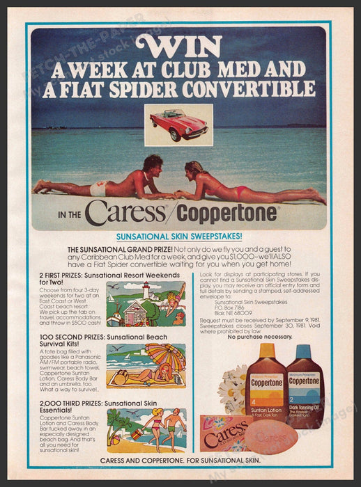 Coppertone 1980s Print Advertisement 1981 Fiat Spider Convertible Caress Coppertone