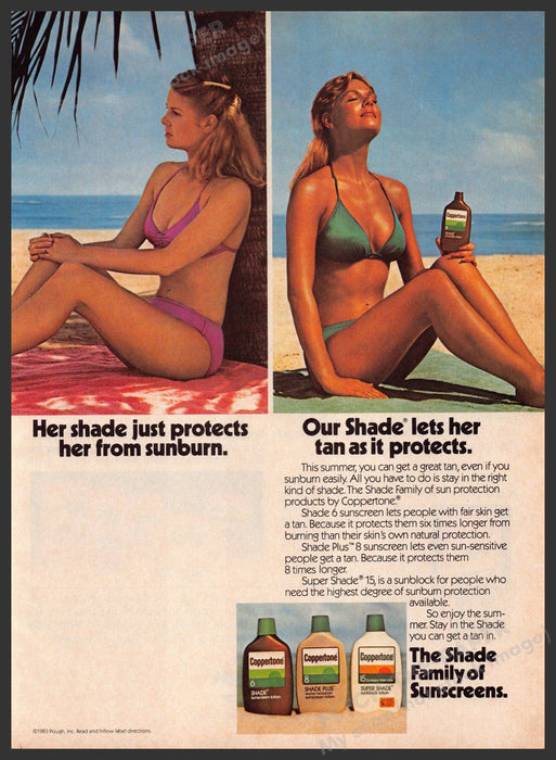 Coppertone 1980s Print Advertisement 1983 Tan Shade Sun Legs Ladies Beach Fetch-the-Paper