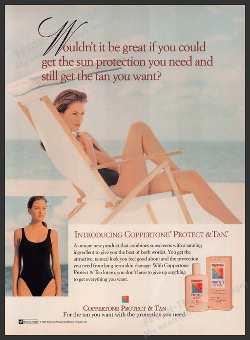 Coppertone Protect & Tan 1990s Print Advertisement 1995 Sun Beach Chair Legs Coppertone