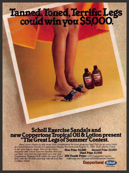 Coppertone & Scholl 1980s Print Advertisement 1981 "Great legs of summer" Coppertone