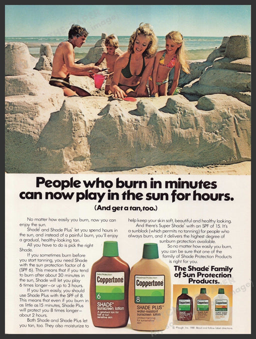 Coppertone Shade Family of Sunscreens 1980s Print Advertisement Ad 1981 Sand Fetch-the-Paper