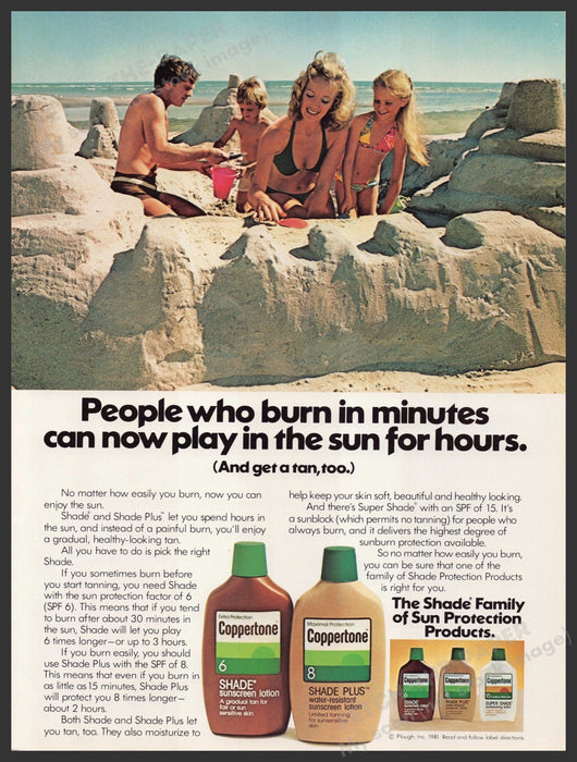 Coppertone Shade Family of Sunscreens 1980s Print Advertisement Ad 1981 Sand Fetch-the-Paper