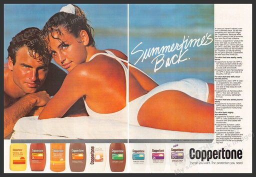 Coppertone Suntan Lotion Tanned Couple 1980s Print Advertisement Ad (2 pgs) 1988 Coppertone