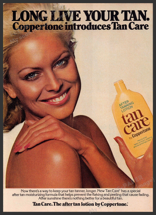Coppertone Tan Care 1970s Print Advertisement 1976 Skin Bare Shoulders Fetch-the-Paper