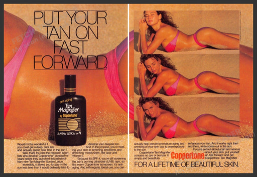 Coppertone Tan Magnifier 1980s Print Advertisement (2 page) 1989 Skin Tan Sand Coppertone Tan Magnifier