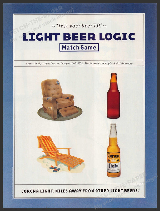 Corona Light Beer Logic Match Game 2000s Print Advertisement Ad 2002 Fetch-the-Paper