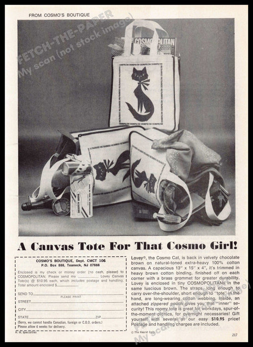 Cosmo's Boutique 1970s Magazine Print Ad 1976 Canvas Tote "Lovey" the Cat Cosmo's Boutique