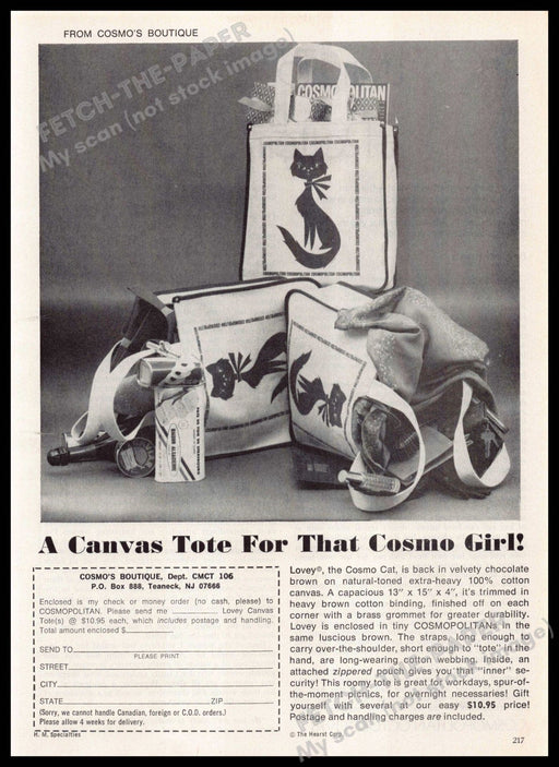 Cosmo's Boutique 1970s Magazine Print Ad 1976 Canvas Tote "Lovey" the Cat Cosmo's Boutique