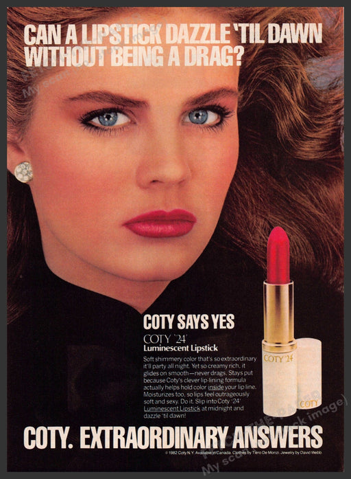 Coty '24' Luminescent Liptstick 1980s Print Advertisement 1983 Red Lips Fetch-the-Paper