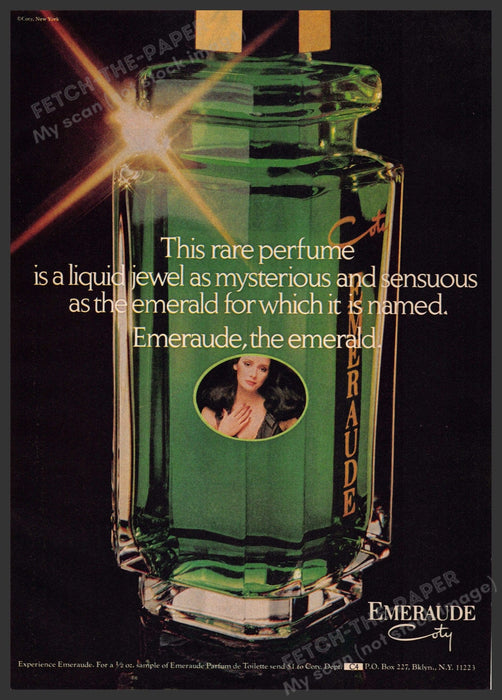 Coty Emeraude 1970s Print Advertisement 1976 Green Emerald Shine Fetch-the-Paper