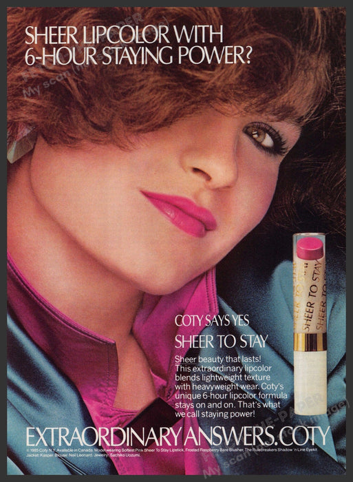Coty Lip Color 1980s Print Advertisement 1986  "Sheer to stay" Fetch-the-Paper