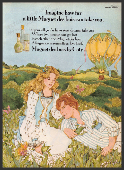 Coty Muguet des bois 1970s Print Advertisement 1979 Illustration Hot Air Balloon Coty