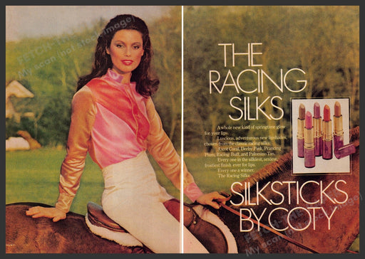 Coty Silksticks 1970s Print Advertisement (2 page) 1976 Lipstick Woman on Horse Fetch-the-Paper