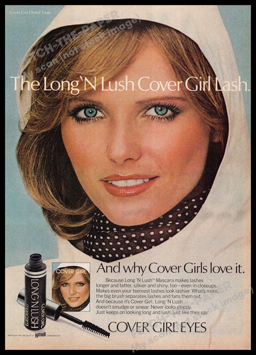 Cover Girl 1970s Print Advertisement 1977 Cheryl Tiegs Lash Eyes Hood Cover Girl