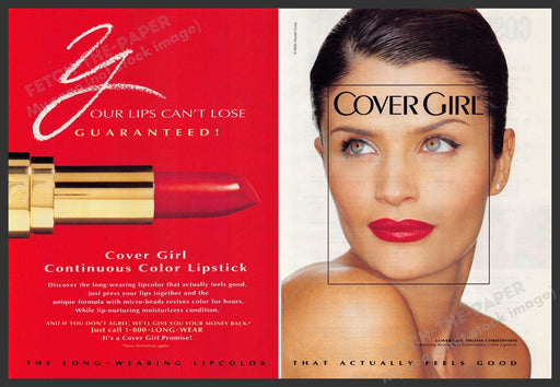 Cover Girl 1990s Print Advertisement (2 pages) 1995 Helena Christensen Red Lips Cover Girl