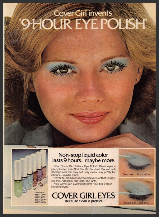 Cover Girl 9-Hour Eyes 1970s Print Advertisement 1976 Blonde Blue Eyeshadow Fetch-the-Paper