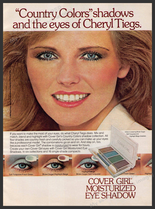 Cover Girl Cheryl Tiegs 1980s Print Advertisement 1981 Country Colors Shadows Cover Girl