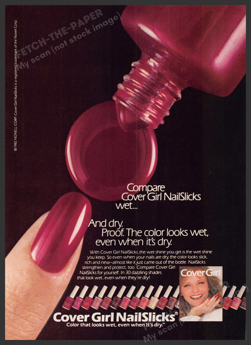 Cover Girl Cheryl Tiegs 1980s Print Advertisement 1982 Nailslicks Fetch-the-Paper