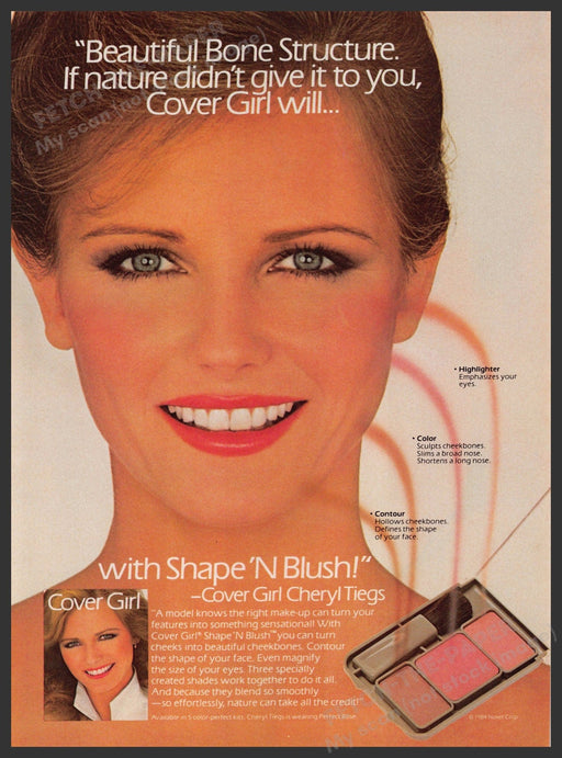 Cover Girl Cheryl Tiegs 1980s Print Advertisement 1984 Shape 'n Blush Fetch-the-Paper