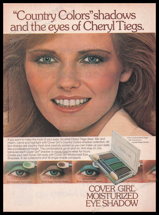 Cover Girl Cheryl Tiegs 1980s Print Advertisement Ad 1980 Eye Shadow Model Fetch the Paper!