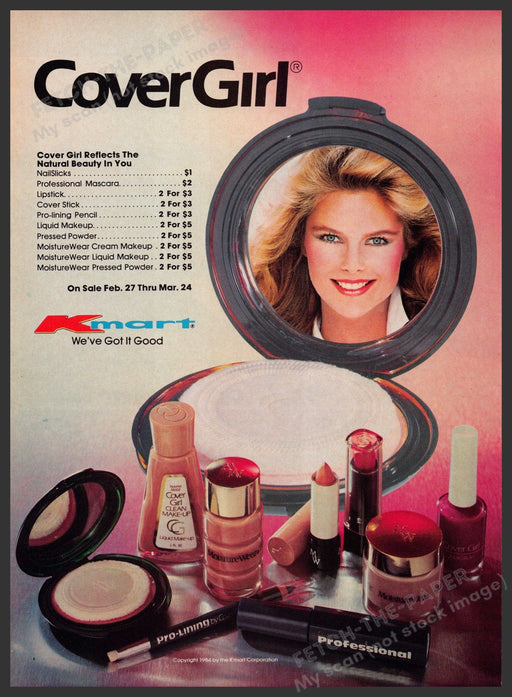 Cover Girl Christie Brinkley 1980s Print Advertisement 1984 Compact Mirror Fetch-the-Paper