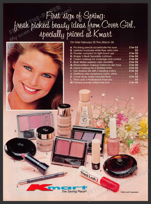 Cover Girl Christie Brinkley 1980s Print Advertisement 1985 Kmart Cosmetics Fetch-the-Paper