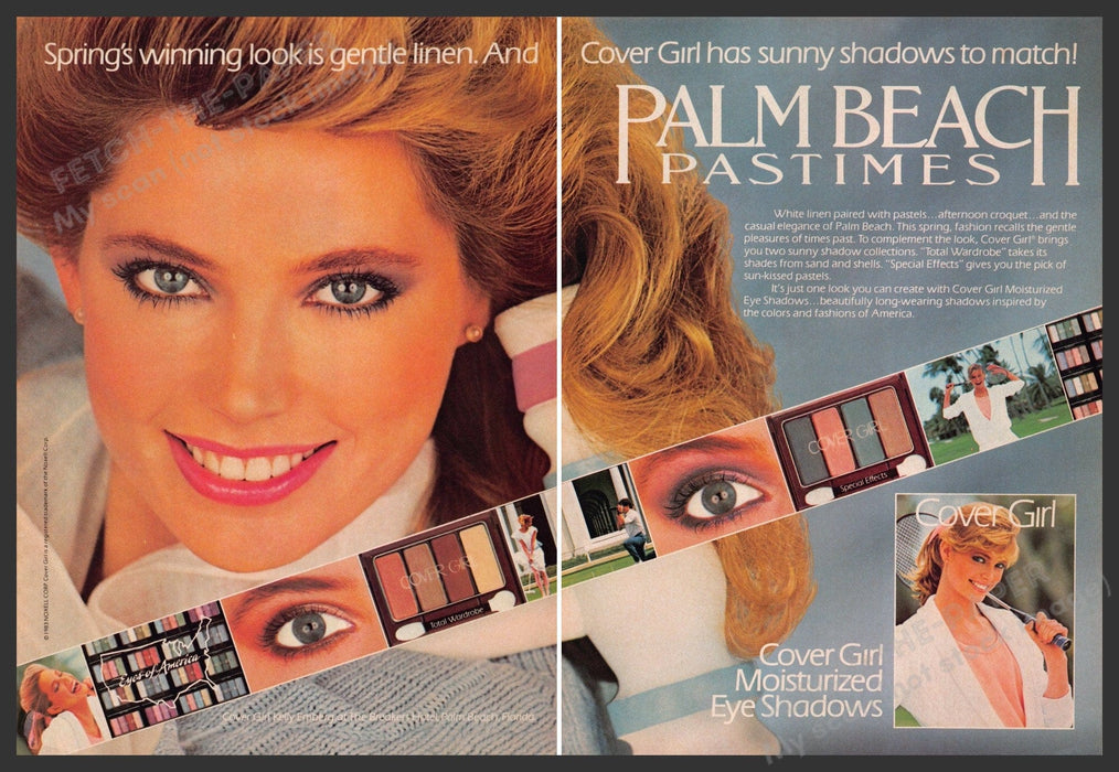 Cover Girl Kelly Emberg 1980s Print Advertisement (2 page) 1983 Palm Beach Color Fetch-the-Paper
