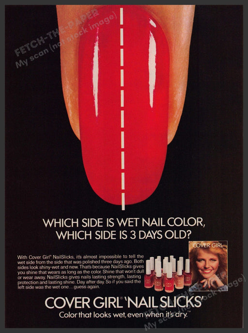 Cover Girl Nailslicks 1980s Print Advertisement 1981 Cheryl Tiegs Fetch-the-Paper