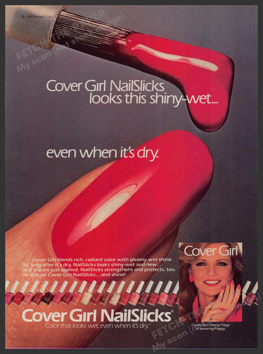 Cover Girl NailSlicks Cheryl Tiegs 1980s Print Advertisement 1984 Shiny-wet Red Fetch-the-Paper
