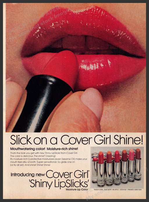 Cover Girl 'Shiny LipSlicks 1970s Print Advertisement 1976 Closeup Red Lips Fetch-the-Paper