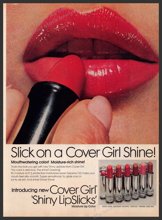 Cover Girl 'Shiny LipSlicks 1970s Print Advertisement 1976 Closeup Red Lips Fetch-the-Paper