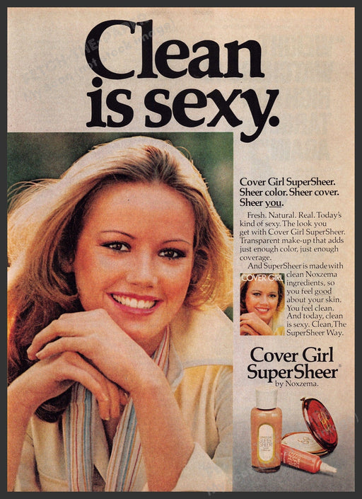 Cover Girl SuperSheer 1970s Print Advertisement 1976 "Clean is sexy" Fetch-the-Paper