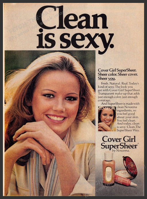 Cover Girl SuperSheer 1970s Print Advertisement 1976 Noxzema "Clean is sexy" Fetch-the-Paper