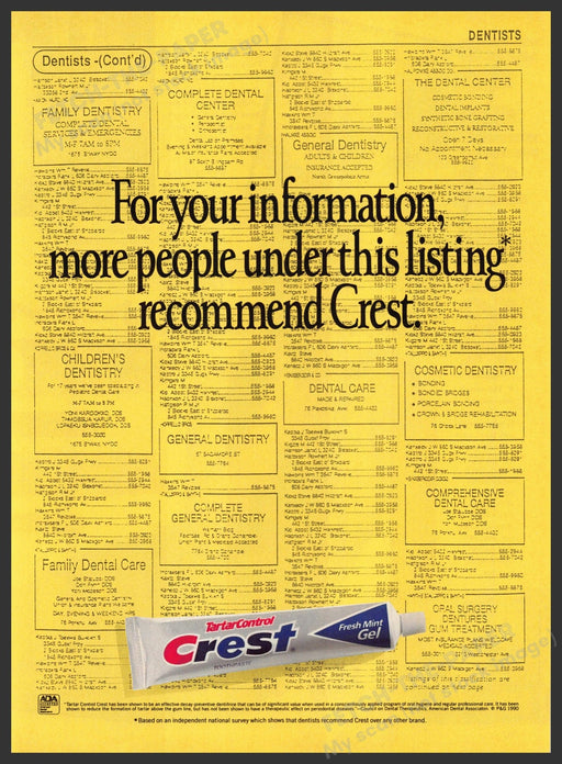 Crest Toothpaste 1990s Print Advertisement 1990 Dentists Yellow Pages Phonebook Crest