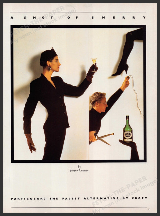 Croft Particular Sherry by Jasper Conran 1980s Print Advertisement Ad 1986 Leg Fetch-the-Paper